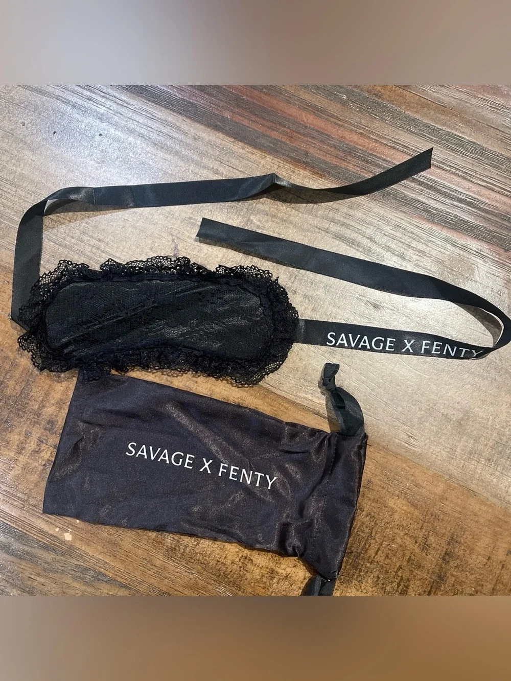 Savage X Fenty Black Lace Eye Mask with Branded Ribbon
